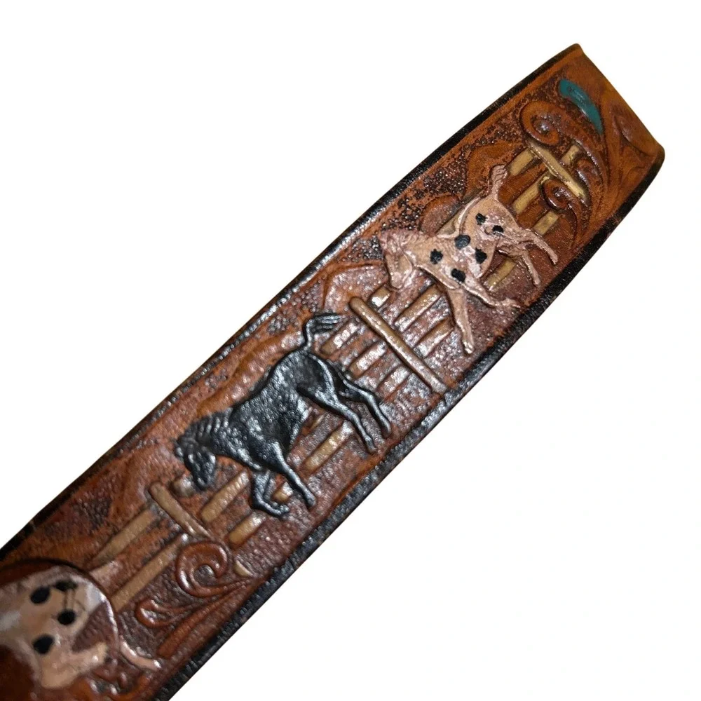 Kids Western Tooled Leather Belt Brown Painted Horse Design Size 5/6 Yrs 19